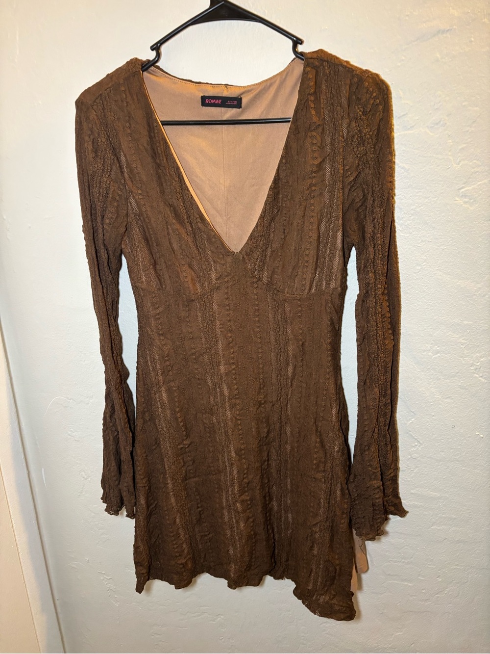 ROMWE Chocolate Brown Long Sleeve V-Neck Mini Dress